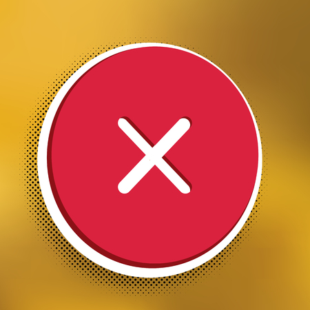 Cross sign illustration. Vector. Magenta icon with darker shadow, white sticker and black popart shadow on golden background.のイラスト素材