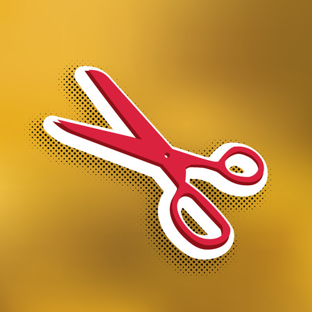 Scissors sign illustration. Vector. Magenta icon with darker shadow, white sticker and black popart shadow on golden background.のイラスト素材