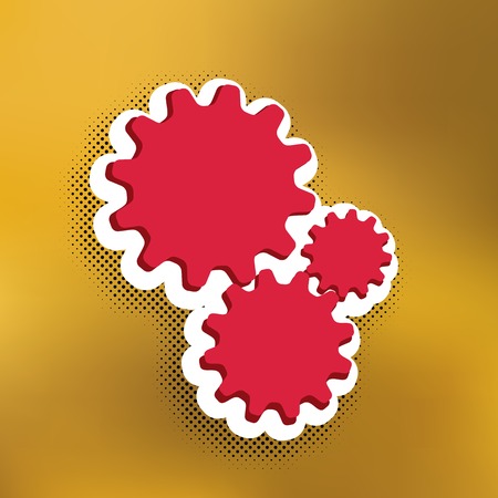 Settings sign illustration. Vector. Magenta icon with darker shadow, white sticker and black popart shadow on golden background.のイラスト素材