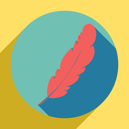 Feather sign illustration. Sunset orange icon with llapis lazuli shadow inside medium aquamarine circle with different goldenrod shadow at royal yellow background.のイラスト素材