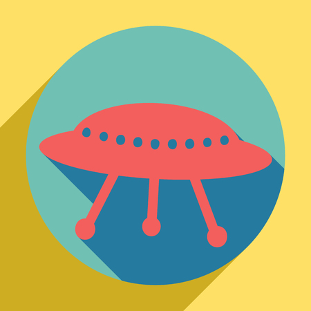 UFO simple sign. Sunset orange icon with llapis lazuli shadow inside medium aquamarine circle with different goldenrod shadow at royal yellow background.のイラスト素材