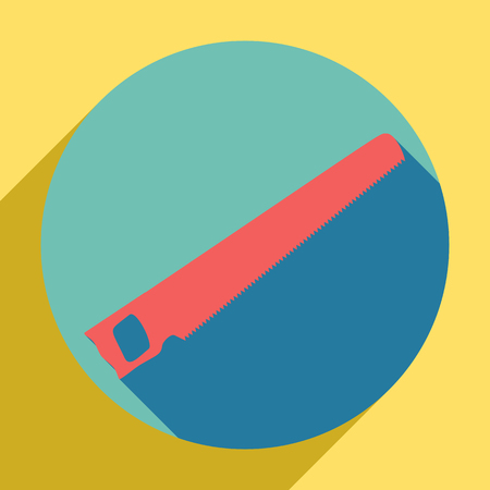 Saw simple sign. Sunset orange icon with llapis lazuli shadow inside medium aquamarine circle with different goldenrod shadow at royal yellow background.のイラスト素材