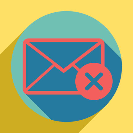 Mail sign illustration with cancel mark. Sunset orange icon with shadow inside medium aquamarine circle with different goldenrod shadow at royal yellow background.のイラスト素材