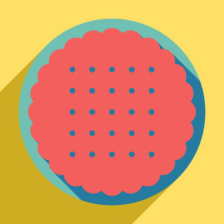 Round biscuit sign. Sunset orange icon with llapis lazuli shadow inside medium aquamarine circle with different goldenrod shadow at royal yellow background.のイラスト素材