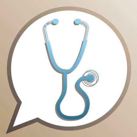 Stethoscope sign illustration. Bright cerulean icon in white speech balloon at pale taupe background.のイラスト素材