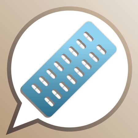 Medical Pills sign. Bright cerulean icon in white speech balloon at pale taupe background.のイラスト素材