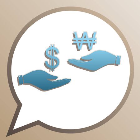 Currency exchange from hand to hand. Dollar and Won. Bright cerulean icon in white speech balloon at pale taupe background.のイラスト素材