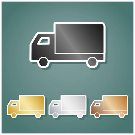 Delivery sign illustration. Set of metallic Icons with gray, gold, silver and bronze gradient with white contour and shadow at viridan background.のイラスト素材