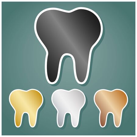 Tooth sign illustration. Set of metallic Icons with gray, gold, silver and bronze gradient with white contour and shadow at viridan background.のイラスト素材
