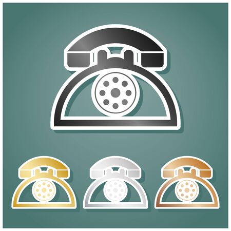 Retro telephone sign. Set of metallic Icons with gray, gold, silver and bronze gradient with white contour and shadow at viridan background.のイラスト素材