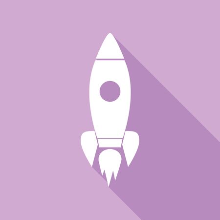 Rocket sign illustration. White Icon with long shadow at purple background.のイラスト素材