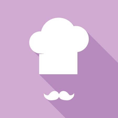 Chef hat and moustache sign. White Icon with long shadow at purple background.のイラスト素材