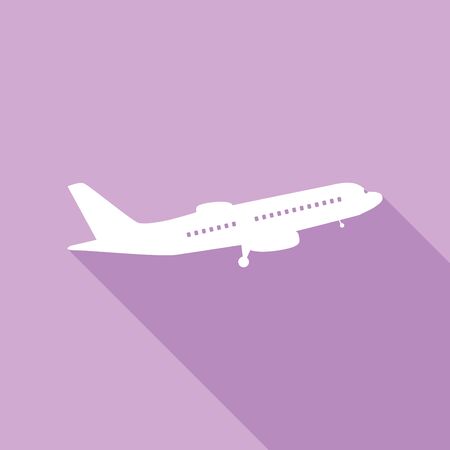 Flying Plane sign. Side view. White Icon with long shadow at purple background.のイラスト素材