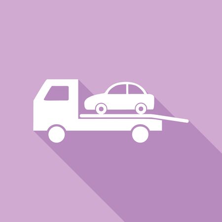 Tow car evacuation sign. White Icon with long shadow at purple background.のイラスト素材