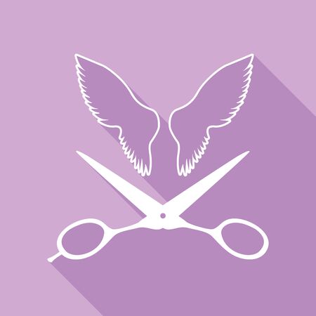 Wings and scissors sign. White Icon with long shadow at purple background.のイラスト素材