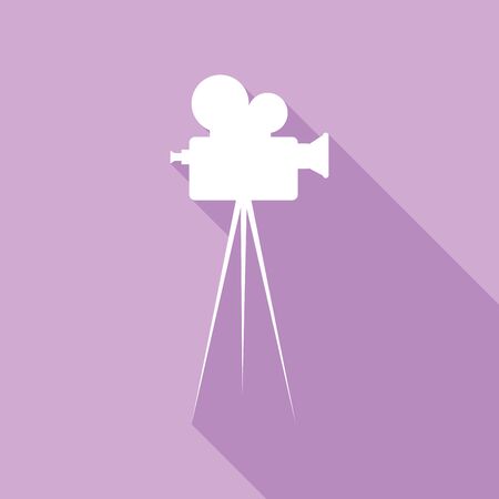 Retro video recording camera on tripod sign. White Icon with long shadow at purple background.のイラスト素材