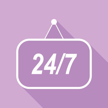 Support 24 hours sign. White Icon with long shadow at purple background.のイラスト素材