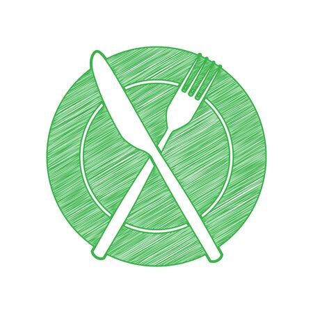 Fork, Knife and Plate sign. Green scribble Icon with solid contour on white background.のイラスト素材