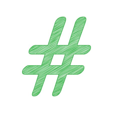 Hashtag sign illustration. Green scribble Icon with solid contour on white background.