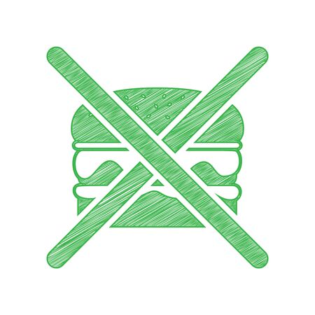 No burger sign. Green scribble Icon with solid contour on white background.のイラスト素材