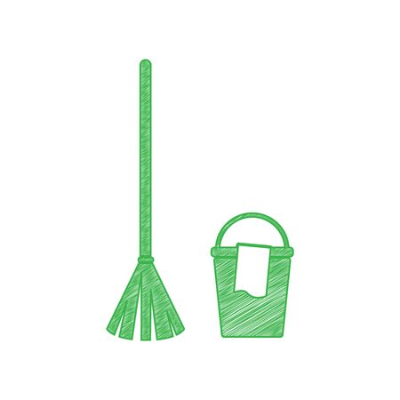 Broom and bucket sign. Green scribble Icon with solid contour on white background.のイラスト素材