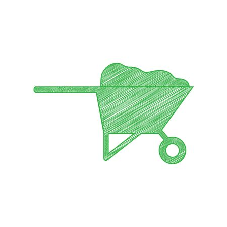 Garden wheelbarrow sign illustration. Green scribble Icon with solid contour on white background.のイラスト素材