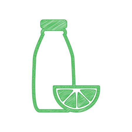 Bottle with sliced orange. Dietology sign. Green scribble Icon with solid contour on white background.のイラスト素材