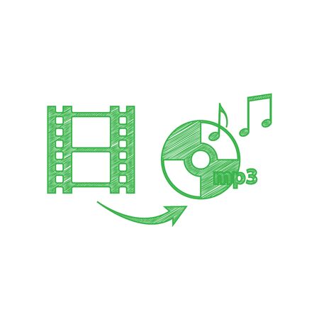 Video to audio converter sign. Green scribble Icon with solid contour on white background.のイラスト素材