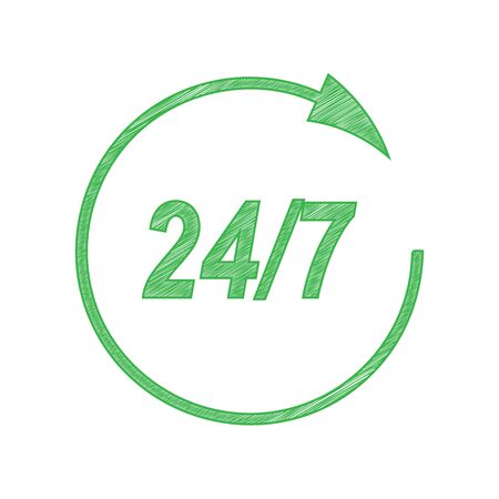 Support 24 hours sign. Green scribble Icon with solid contour on white background.のイラスト素材