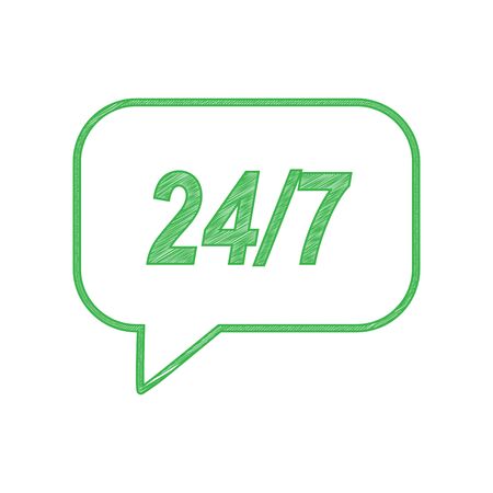 Support 24 hours sign. Green scribble Icon with solid contour on white background.