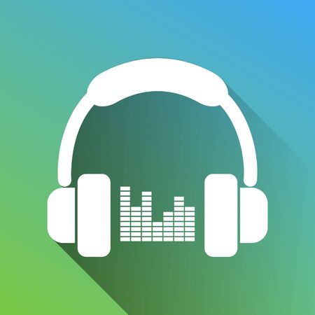 Headphones with spectrum bars or equalizer sign. White Icon with gray dropped limitless shadow on green to blue background.のイラスト素材