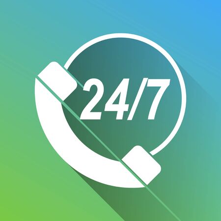 Support 24 hours sign. White Icon with gray dropped limitless shadow on green to blue background.