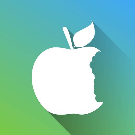 Bited apple sign. White Icon with gray dropped limitless shadow on green to blue background.のイラスト素材