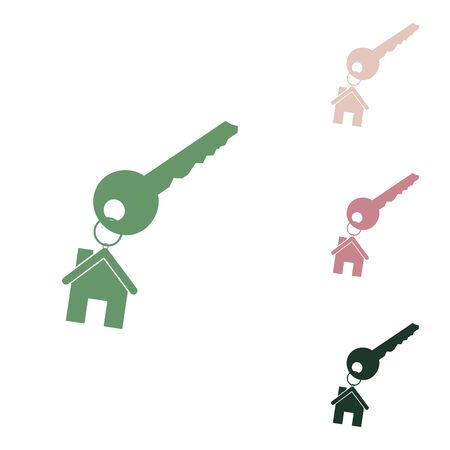 Key with key chain as an house sign. Russian green icon with small jungle green, puce and desert sand ones on white background.のイラスト素材