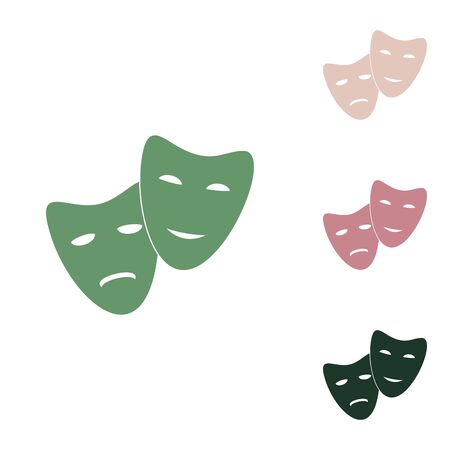 Theater icon with happy and sad masks. Russian green icon with small jungle green, puce and desert sand ones on white background.のイラスト素材