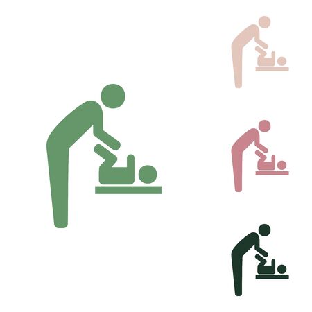 Father swaddles baby sign. Russian green icon with small jungle green, puce and desert sand ones on white background.のイラスト素材
