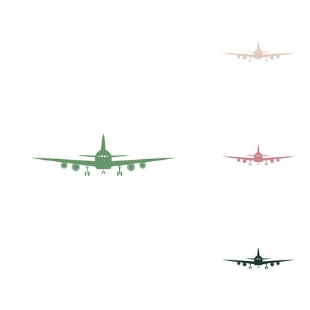 Flying Plane sign. Front view. Russian green icon with small jungle green, puce and desert sand ones on white background.のイラスト素材