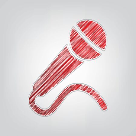 Microphone sign illustration. Red gradient scribble Icon with artistic contour gray String on light gray Background.のイラスト素材