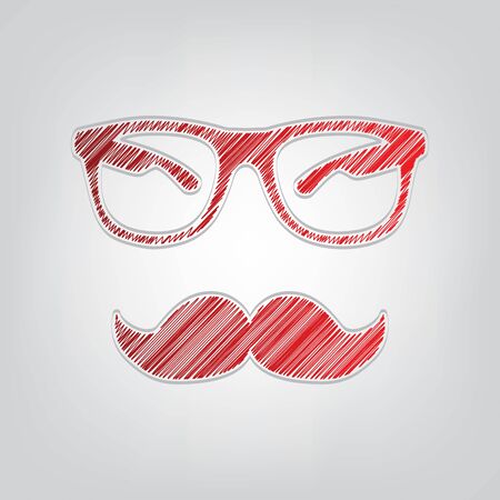 Mustache and Glasses sign. Red gradient scribble Icon with artistic contour gray String on light gray Background.のイラスト素材