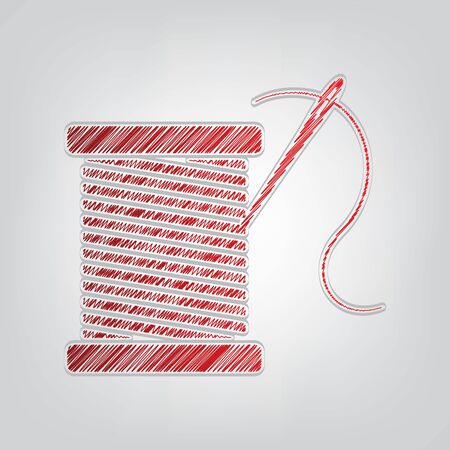 Thread with needle sign illustration. Red gradient scribble Icon with artistic contour gray String on light gray Background.のイラスト素材