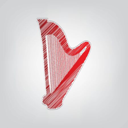 Musical instrument harp sign. Red gradient scribble Icon with artistic contour gray String on light gray Background.のイラスト素材