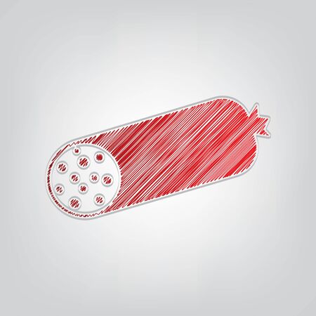 Sausage sign illustration. Red gradient scribble Icon with artistic contour gray String on light gray Background.のイラスト素材
