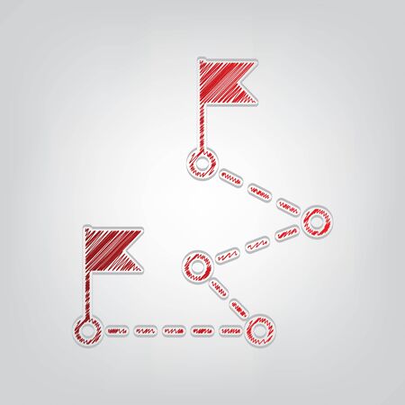 Route with flags sign. Red gradient scribble Icon with artistic contour gray String on light gray Background.のイラスト素材