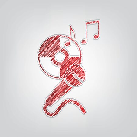 Compact disk with music notes and microphone sign. Red gradient scribble Icon with artistic contour gray String on light gray Background.のイラスト素材