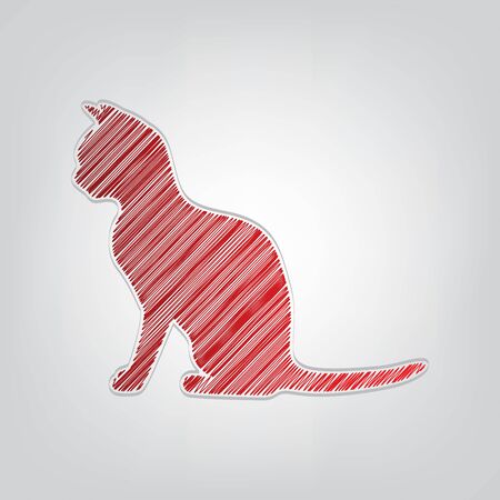 Silhouette of cat. Red gradient scribble Icon with artistic contour gray String on light gray Background.のイラスト素材