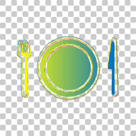 Fork, plate and knife. Blue to green gradient Icon with Four Roughen Contours on stylish transparent Background. Illustration.のイラスト素材