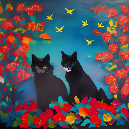 Two black cats sitting on a background of flowers and birds. Illustration.の素材