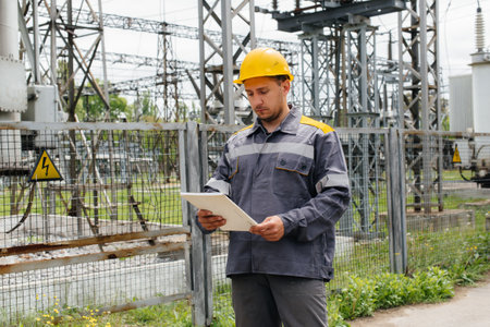 The energy engineer inspects the equipment of the substation. Power engineering. Industryの写真素材