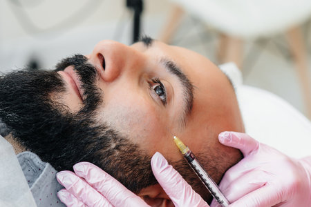Cosmetic procedure for lip augmentation and wrinkle removal for a bearded man. Cosmetologyの写真素材