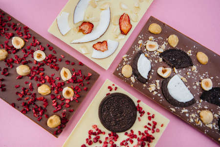 Natural handmade chocolate close-up on a bright background.の写真素材